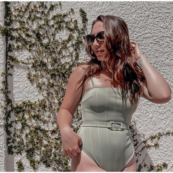 H&M Swimsuit Bathing Suit US Size L Green Padded Belted Vintage Inspired NEW - Picture 1 of 14